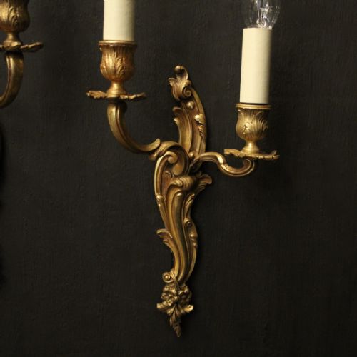 FRENCH PAIR OF GILDED TWIN ARM ANTIQUE WALL LIGHTS - ADDITIONAL PHOTO 6
