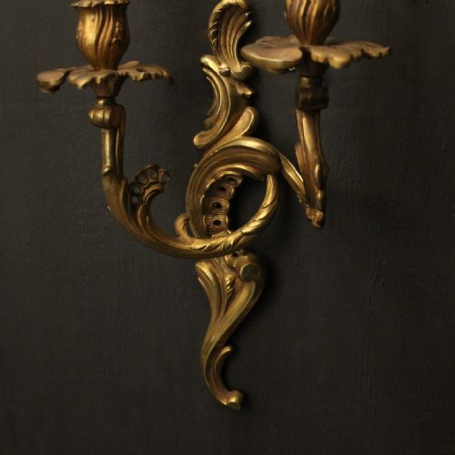 FRENCH PAIR OF GILDED TWIN ARM ANTIQUE WALL LIGHTS - ADDITIONAL PHOTO 5