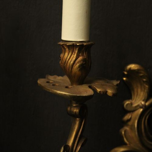 FRENCH PAIR OF GILDED TWIN ARM ANTIQUE WALL LIGHTS - ADDITIONAL PHOTO 6