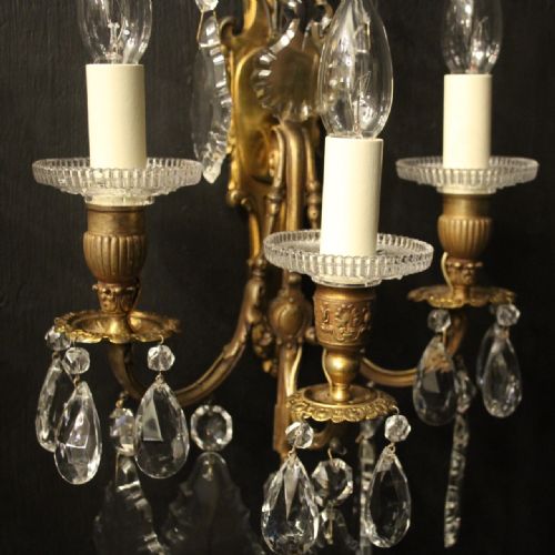 FRENCH PAIR OF GILDED BRONZE CRYSTAL SCONCES - ADDITIONAL PHOTO 3