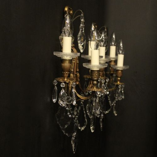 FRENCH PAIR OF GILDED BRONZE CRYSTAL SCONCES - ADDITIONAL PHOTO 9