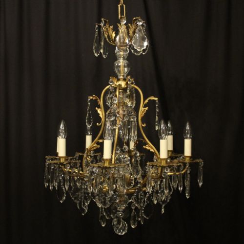 french gilded bronze crystal 9 light antique chandelier - CATEGORY: ANTIQUE LIGHTING - DATED 1920
