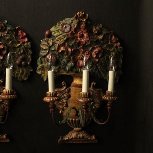 FLORENTINE PAIR OF TRIPLE ARM CARCED POLYCHROME ANTIQUE LIGHTS - ADDITIONAL PHOTO 1
