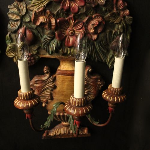 FLORENTINE PAIR OF TRIPLE ARM CARCED POLYCHROME ANTIQUE LIGHTS - ADDITIONAL PHOTO 2