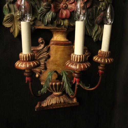 FLORENTINE PAIR OF TRIPLE ARM CARCED POLYCHROME ANTIQUE LIGHTS - ADDITIONAL PHOTO 3