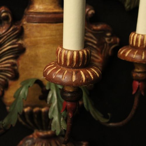 FLORENTINE PAIR OF TRIPLE ARM CARCED POLYCHROME ANTIQUE LIGHTS - ADDITIONAL PHOTO 4