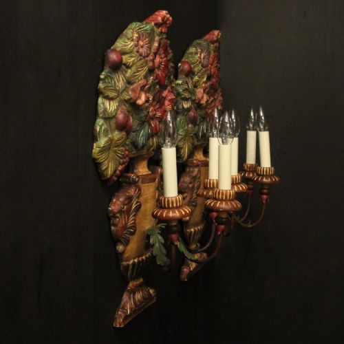 FLORENTINE PAIR OF TRIPLE ARM CARCED POLYCHROME ANTIQUE LIGHTS - ADDITIONAL PHOTO 9