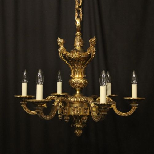 french gilded bronze 6 light antique chandelier - CATEGORY: ANTIQUE LIGHTING - DATED 19TH CENTURY