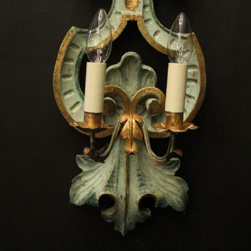 ITALIAN PAIR OF POLYCHROME ANTIQUE WALL LIGHTS - ADDITIONAL PHOTO 4