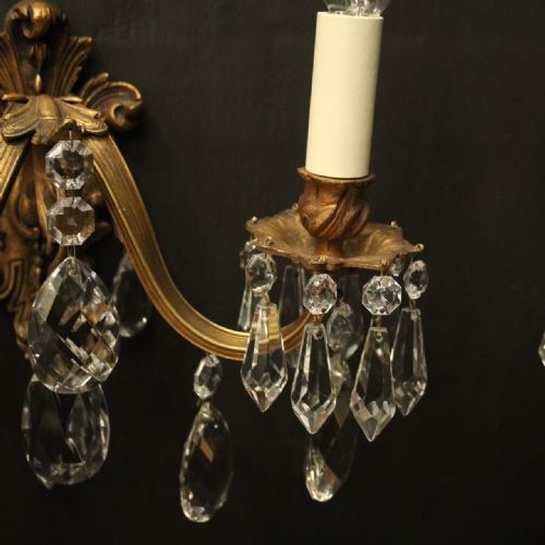 FRENCH PAIR OF GILDED BRONZE TWIN ARM ANTIQUE WALL LIGHTS - ADDITIONAL PHOTO 1