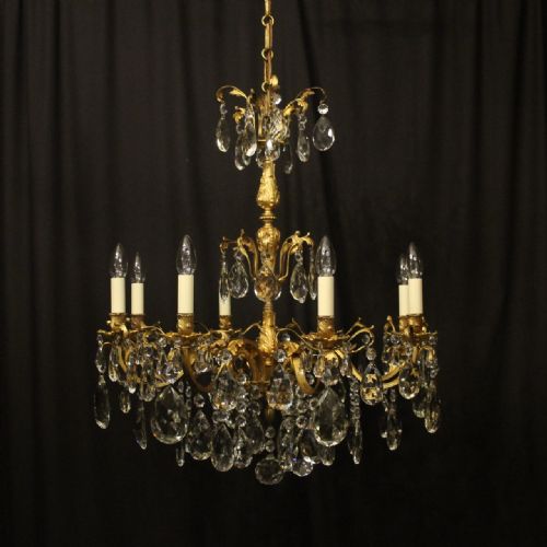 italian 8 light gilded bronze crystal antique chandelier - CATEGORY: ANTIQUE LIGHTING - DATED 1920