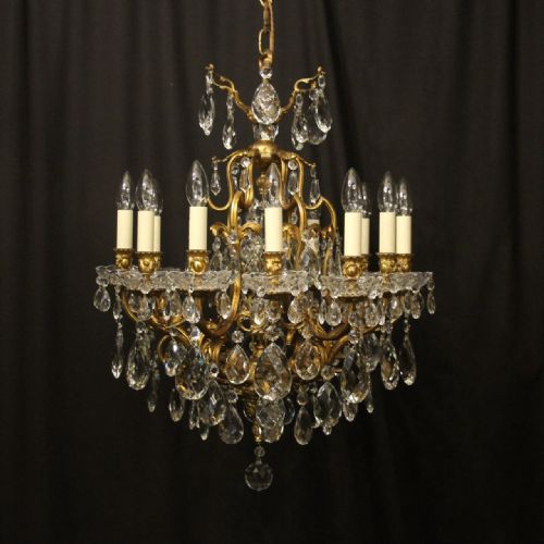 french gilded bronze crystal 12 light antique chandelier - CATEGORY: ANTIQUE LIGHTING - DATED 1920