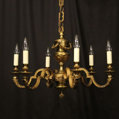 french gilded bronze 6 light antique chandelier - CATEGORY: ANTIQUE LIGHTING - DATED 1920