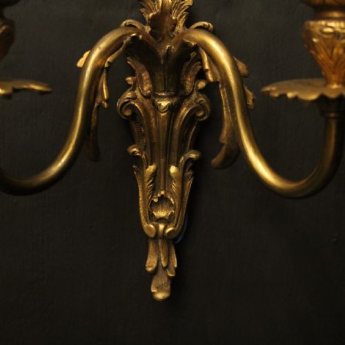 FRENCH PAIR OF GILDED BRONZE TWIN ARM ANTIQUE WALL LIGHTS - ADDITIONAL PHOTO 4