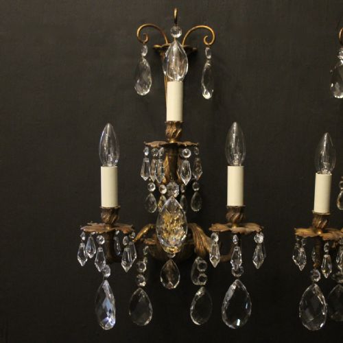 FRENCH PAIR OF BRONZE CRYSTAL TRIPLE ARM WALL LIGHTS - ADDITIONAL PHOTO 1