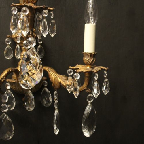 FRENCH PAIR OF BRONZE CRYSTAL TRIPLE ARM WALL LIGHTS - ADDITIONAL PHOTO 2