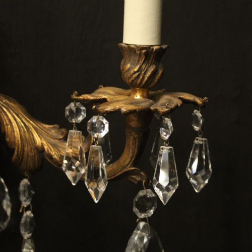 FRENCH PAIR OF BRONZE CRYSTAL TRIPLE ARM WALL LIGHTS - ADDITIONAL PHOTO 3