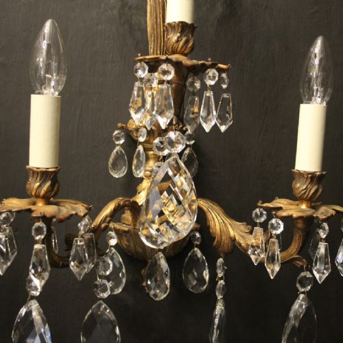 FRENCH PAIR OF BRONZE CRYSTAL TRIPLE ARM WALL LIGHTS - ADDITIONAL PHOTO 4