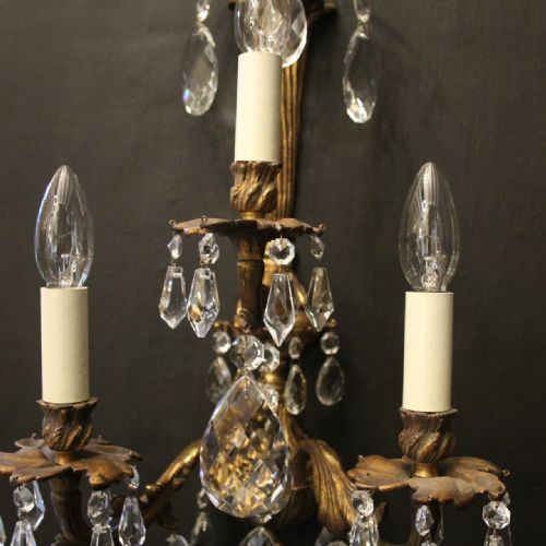 FRENCH PAIR OF BRONZE CRYSTAL TRIPLE ARM WALL LIGHTS - ADDITIONAL PHOTO 6