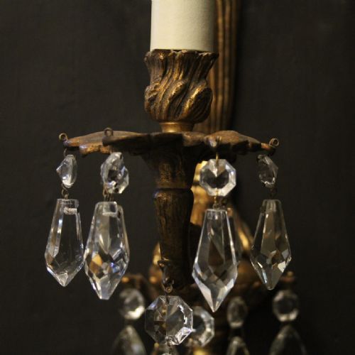 FRENCH PAIR OF BRONZE CRYSTAL TRIPLE ARM WALL LIGHTS - ADDITIONAL PHOTO 7