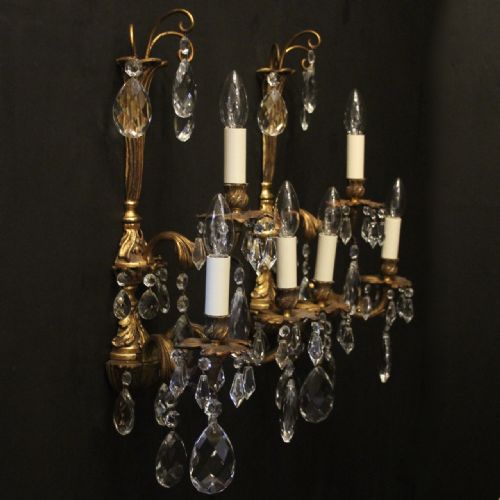 FRENCH PAIR OF BRONZE CRYSTAL TRIPLE ARM WALL LIGHTS - ADDITIONAL PHOTO 9