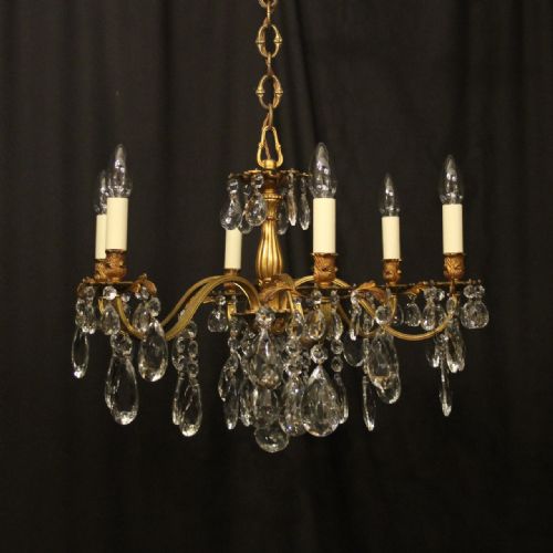 italian small 6 light gilded bronze crystal antique chandelier - CATEGORY: ANTIQUE LIGHTING - DATED 1920