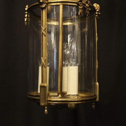 FRENCH GILDED BRONZE TRIPLE LIGHT CONVEX ANTIQUE LANTERN - ADDITIONAL PHOTO 2