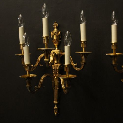 FRENCH PAIR OF GILDED FIVE ARM ANTIQUE WALL LIGHTS - ADDITIONAL PHOTO 3