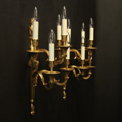 FRENCH PAIR OF GILDED FIVE ARM ANTIQUE WALL LIGHTS - ADDITIONAL PHOTO 9