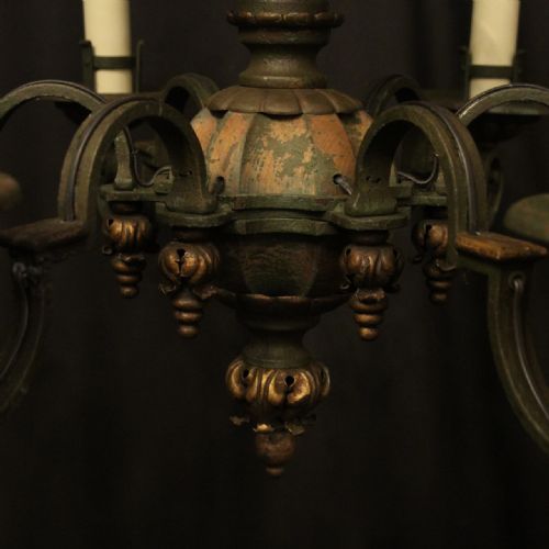 FRENCH 6 LIGHT POLYCHROME ANTIQUE CHANDELIER - ADDITIONAL PHOTO 5