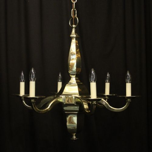 english brass art deco 6 light antique chandelier - CATEGORY: ANTIQUE LIGHTING - DATED 1930