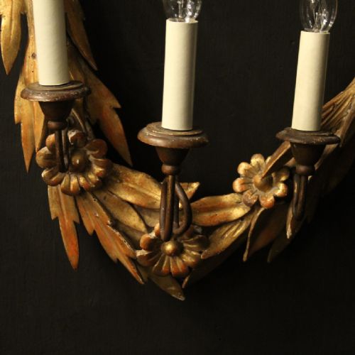 FRENCH 4 ARM GILTWOOD OPPOSING ANTIQUE WALL LIGHTS - ADDITIONAL PHOTO 4