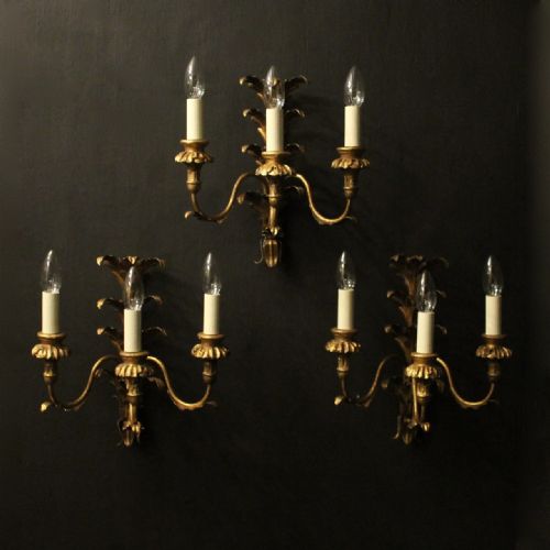 florentine set of 3 gilded triple arm wall lights - CATEGORY: ANTIQUE LIGHTING - DATED 1930