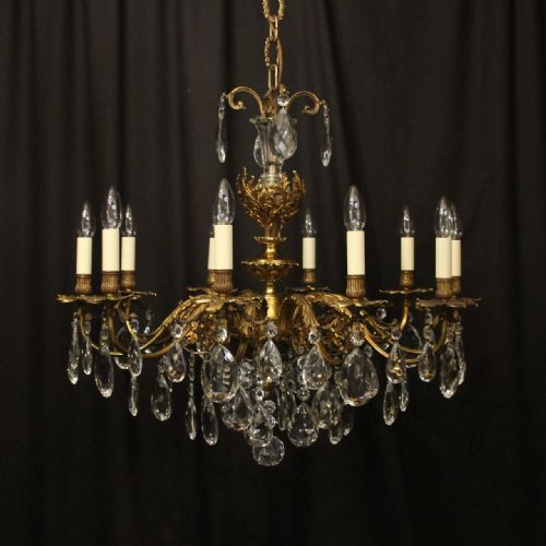 french gilded bronze crystal 10 light antique chandelier - CATEGORY: ANTIQUE LIGHTING - DATED 1920