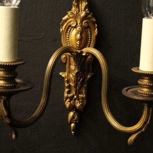 FRENCH PAIR OF GILDED TWIN ARM ANTIQUE WALL LIGHTS - ADDITIONAL PHOTO 3