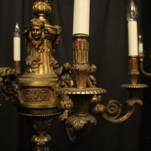 FRENCH 19TH CENTURY GILDED BRONZE 6 LIGHT ANTIQUE CHANDELIER - ADDITIONAL PHOTO 2