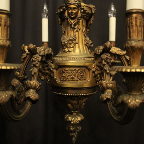 FRENCH 19TH CENTURY GILDED BRONZE 6 LIGHT ANTIQUE CHANDELIER - ADDITIONAL PHOTO 3
