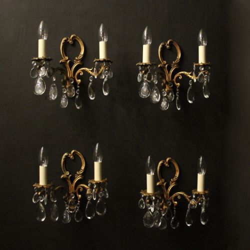 french set of 4 gilded twin arm antique wall lights - CATEGORY: ANTIQUE LIGHTING - DATED 1920