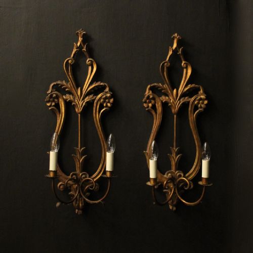 italian pair giltwood twin arm wall lights - CATEGORY: ANTIQUE LIGHTING - DATED 1930