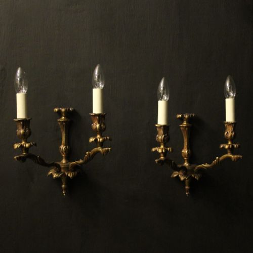 FRENCH PAIR OF GILDED TWIN ARM ANTIQUE WALL LIGHTS