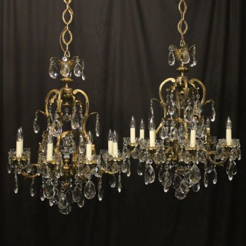 french pair bronze crystal 8 light antique chandeliers - CATEGORY: ANTIQUE LIGHTING - DATED 1920