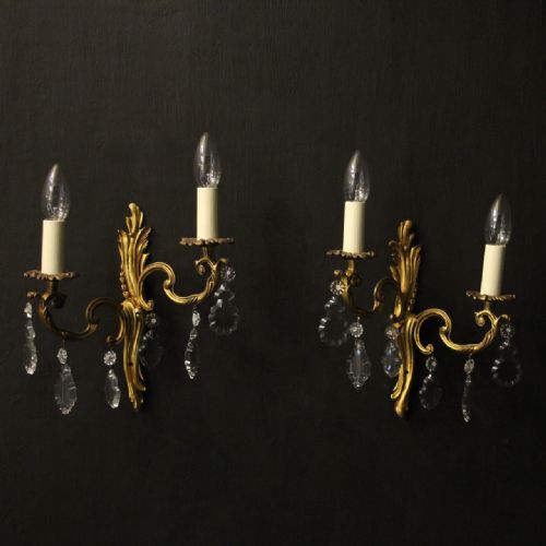 french pair of gilded twin arm antique wall lights - CATEGORY: ANTIQUE LIGHTING - DATED 1920
