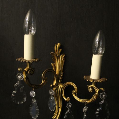FRENCH PAIR OF GILDED TWIN ARM ANTIQUE WALL LIGHTS - ADDITIONAL PHOTO 2