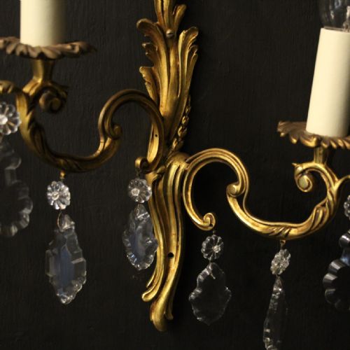 FRENCH PAIR OF GILDED TWIN ARM ANTIQUE WALL LIGHTS - ADDITIONAL PHOTO 3