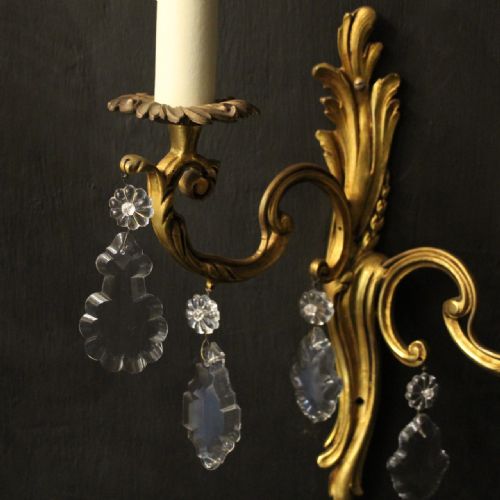 FRENCH PAIR OF GILDED TWIN ARM ANTIQUE WALL LIGHTS - ADDITIONAL PHOTO 5