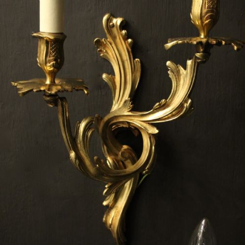 FRENCH SET OF 3 TWIN ARM ANTIQUE WALL SCONCES - ADDITIONAL PHOTO 2