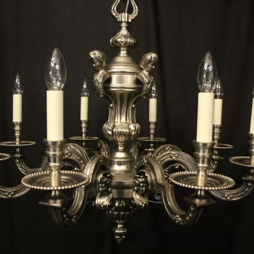 FRENCH PAIR SILVER BRONZE 8 LIGHT ANTIQUE CHANDELIERS - ADDITIONAL PHOTO 1