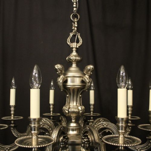 FRENCH PAIR SILVER BRONZE 8 LIGHT ANTIQUE CHANDELIERS - ADDITIONAL PHOTO 5