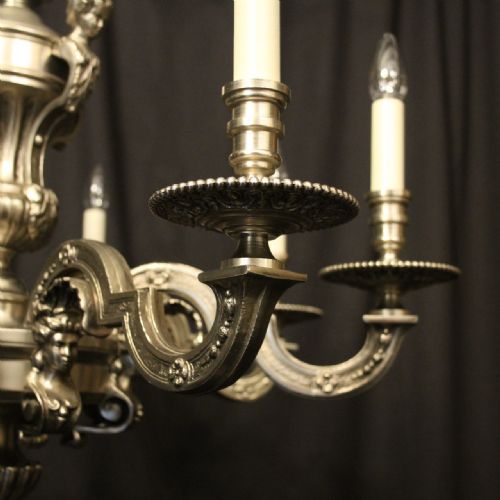 FRENCH PAIR SILVER BRONZE 8 LIGHT ANTIQUE CHANDELIERS - ADDITIONAL PHOTO 6