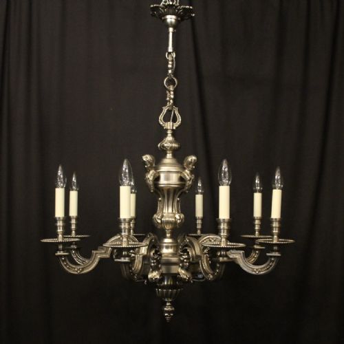 FRENCH PAIR SILVER BRONZE 8 LIGHT ANTIQUE CHANDELIERS - ADDITIONAL PHOTO 8